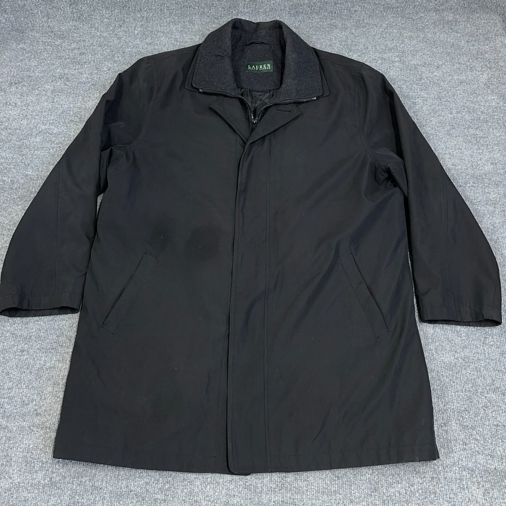 Ralph Lauren Trench Coat Men 44R Black Microfiber Full Zip Removable Liner *READ